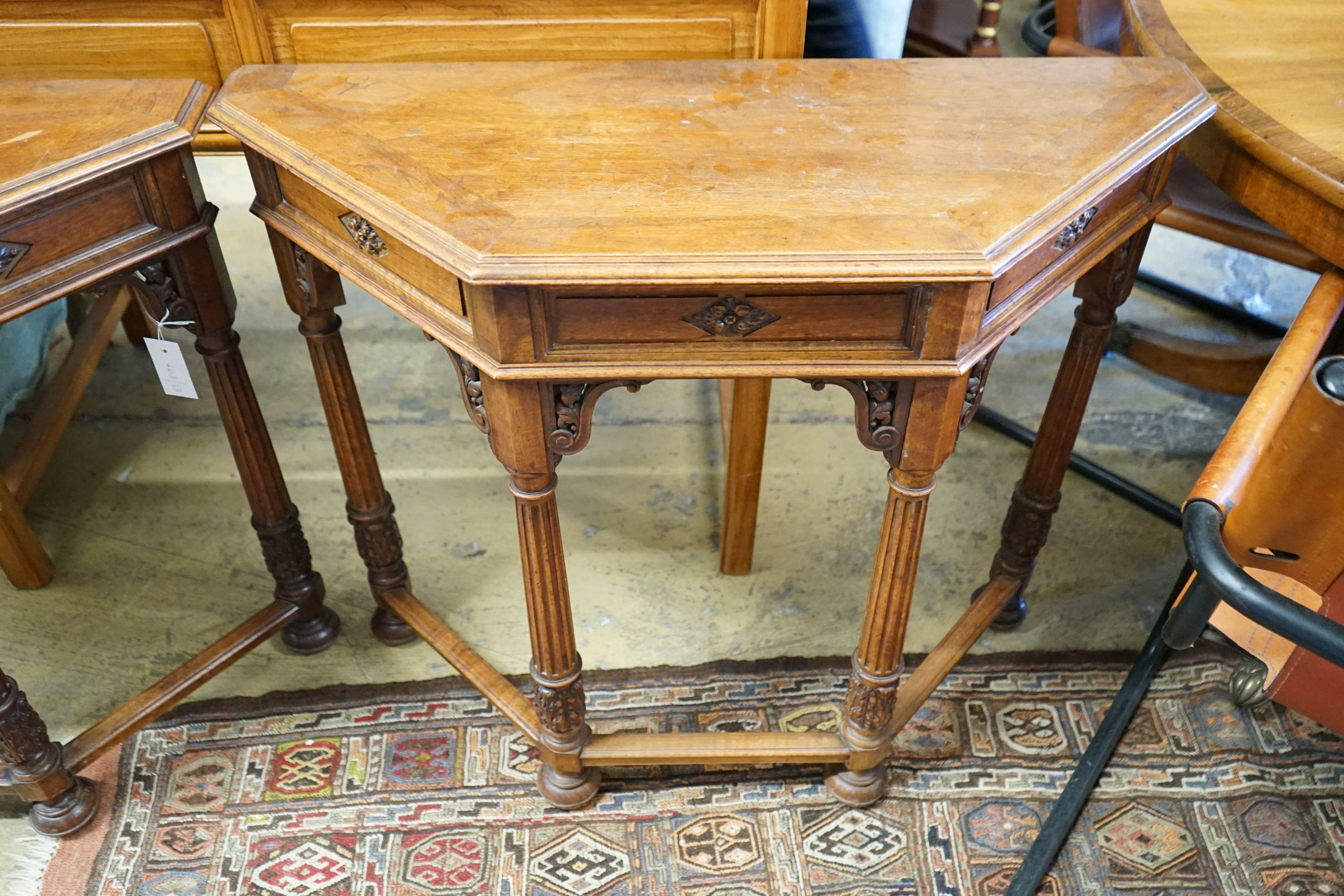 A pair of early 20th century carved mahogany console tables, width 89cm, depth 34cm, height 75cm